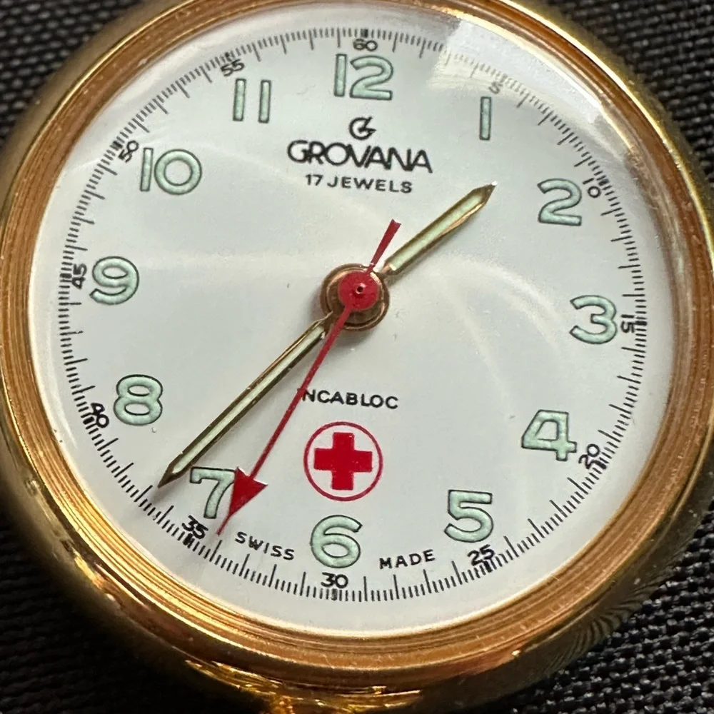 Vintage Grovana Swiss Nurse Fob Watch Brooch Gold Tone White Dial Incabloc Pin